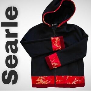 SEARLE VINTAGE HOODED 100% WOOL SATIN VELVET TRIM CHERRY BLOSSOM SHORT COAT, 6